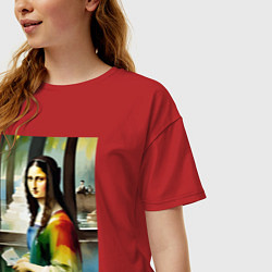 Футболка оверсайз женская Мона Лиза в библиотеке - нейросеть - акварель, цвет: красный — фото 2
