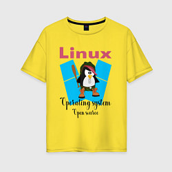 Женская футболка оверсайз Пингвин линукс в шляпе