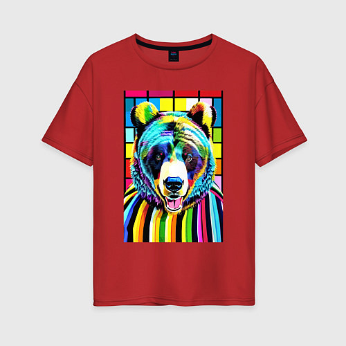 Женская футболка оверсайз Медвежья мордашка - поп-арт - нейросеть / Красный – фото 1