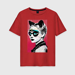 Женская футболка оверсайз Cat girl in a mask - neural network - pop art