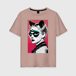Футболка оверсайз женская Cat girl in a mask - neural network - pop art, цвет: пыльно-розовый