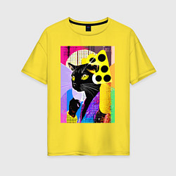 Футболка оверсайз женская Black cat cheese - pop art - poster, цвет: желтый