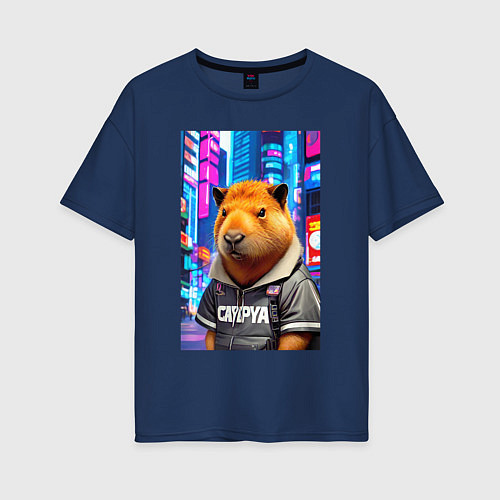 Женская футболка оверсайз Cool capybara - urban style - neural network / Тёмно-синий – фото 1