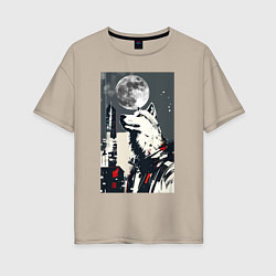 Женская футболка оверсайз Волк на фоне луны - мегаполис - нейросеть
