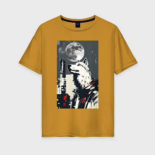 Женская футболка оверсайз Волк на фоне луны - мегаполис - нейросеть / Горчичный – фото 1