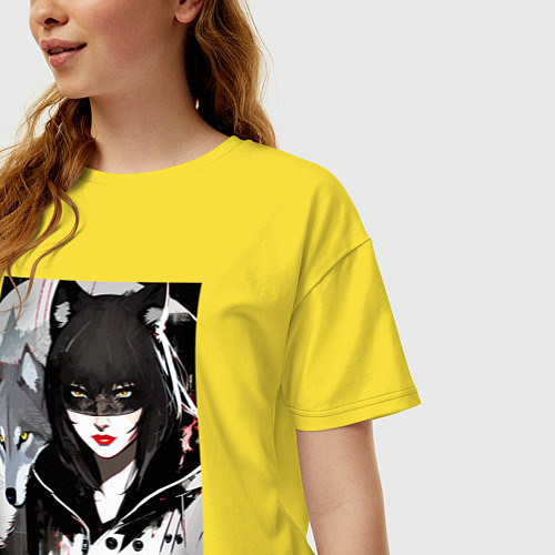 Женская футболка оверсайз Девушка и волк - нейросеть - фантазия / Желтый – фото 3