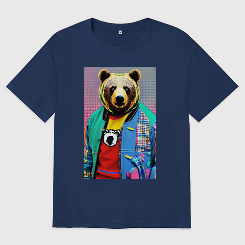 Женская футболка оверсайз Мишутка в модном прикиде - поп-арт - нейросеть / Тёмно-синий – фото 1