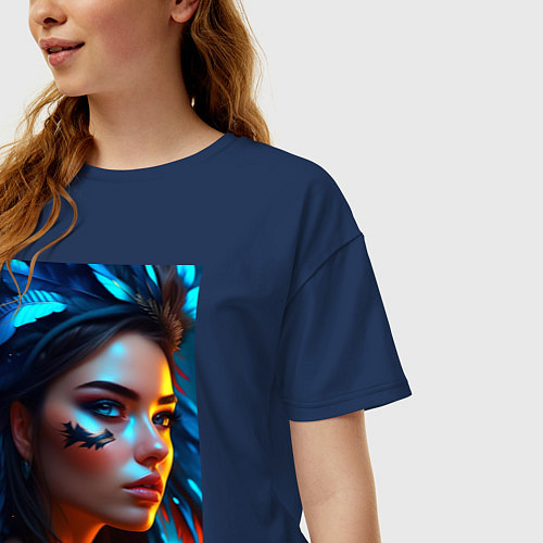 Женская футболка оверсайз Чёрная ворона в женском обличии - нейросеть / Тёмно-синий – фото 3