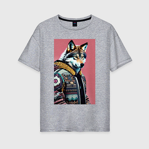Женская футболка оверсайз Волк следящий за модой - нейросеть / Меланж – фото 1