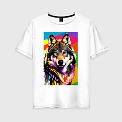 Женская футболка оверсайз Красочный волк - поп-арт - нейросеть