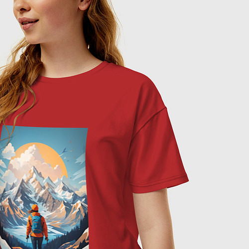 Женская футболка оверсайз Альпинист в Горах / Красный – фото 3