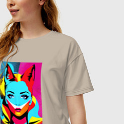 Футболка оверсайз женская Fox girl - pop art - neural network, цвет: миндальный — фото 2