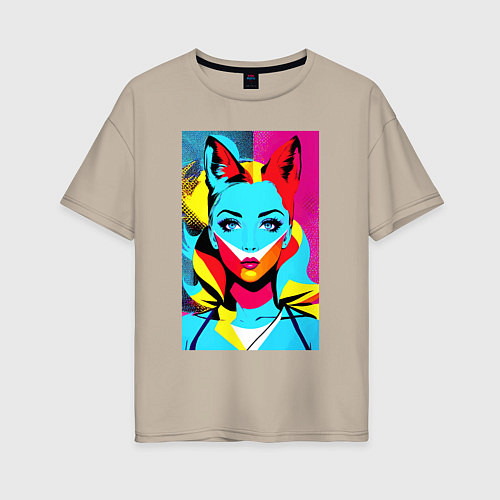 Женская футболка оверсайз Fox girl - pop art - neural network / Миндальный – фото 1