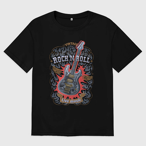 Женская футболка оверсайз Рок-н-ролл с гитарой стимпанк в огне / Черный – фото 1