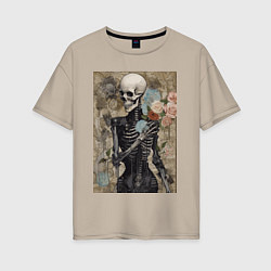 Женская футболка оверсайз Девушка скелет в цветах
