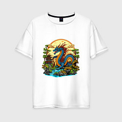 Женская футболка оверсайз Синий дракон у реки
