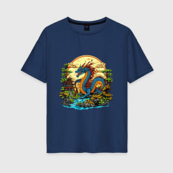 Женская футболка оверсайз Синий дракон у реки