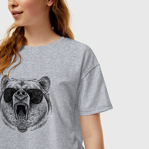 Женская футболка оверсайз Голова медведя рычащего в очках / Меланж – фото 3