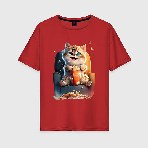 Женская футболка оверсайз Веселый котик с попкорном / Красный – фото 1