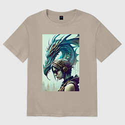 Футболка оверсайз женская Девчонка в шлеме и дракон - киберпанк, цвет: миндальный