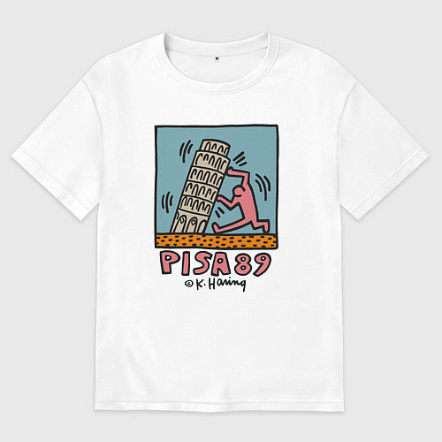 Женская футболка оверсайз Поп арт Кит Харинг - Пизанская башня / Белый – фото 1