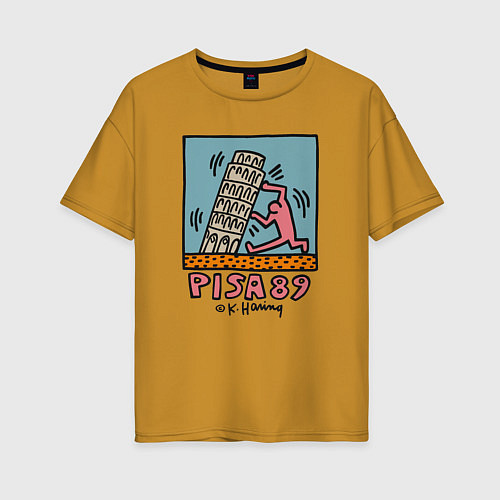 Женская футболка оверсайз Поп арт Кит Харинг - Пизанская башня / Горчичный – фото 1