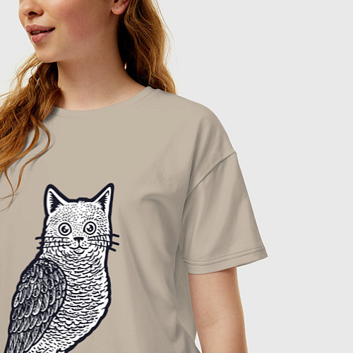 Женская футболка оверсайз Кошка сова / Миндальный – фото 3