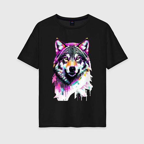 Женская футболка оверсайз Волчья морда - поп-арт - цвет / Черный – фото 1