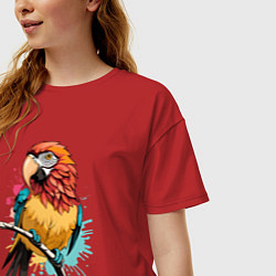 Футболка оверсайз женская Акварельный попугай, цвет: красный — фото 2