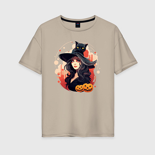 Женская футболка оверсайз Ведьмочка и черный кот / Миндальный – фото 1