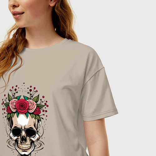 Женская футболка оверсайз Цветочный череп Мексики / Миндальный – фото 3