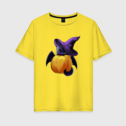 Футболка оверсайз женская Чёрный котёнок в шляпе Хэллоуин, цвет: желтый