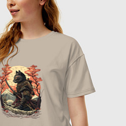 Футболка оверсайз женская Японский самурайский кот, цвет: миндальный — фото 2