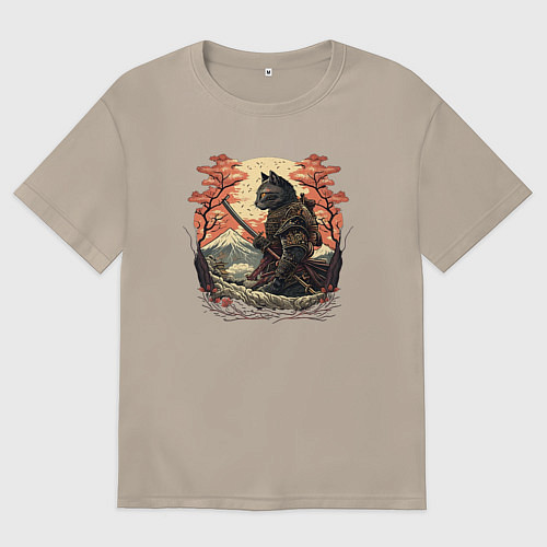 Женская футболка оверсайз Японский самурайский кот / Миндальный – фото 1