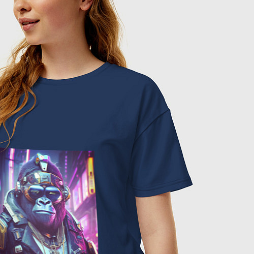 Женская футболка оверсайз Горилла в стиле киберпанк / Тёмно-синий – фото 3