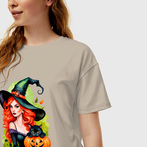 Женская футболка оверсайз Рыжая ведьма с тыквой и черным котом / Миндальный – фото 3