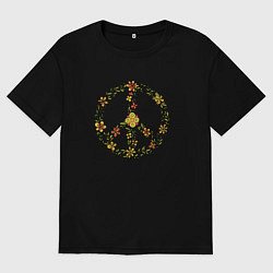 Футболка оверсайз женская Пацифик знак хиппи цветы, цвет: черный