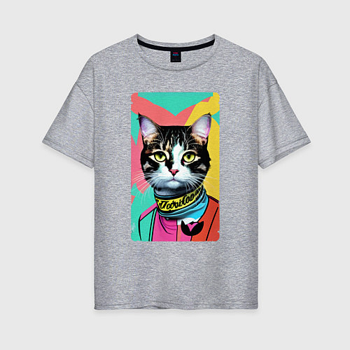 Женская футболка оверсайз Pop art cat - neural network / Меланж – фото 1