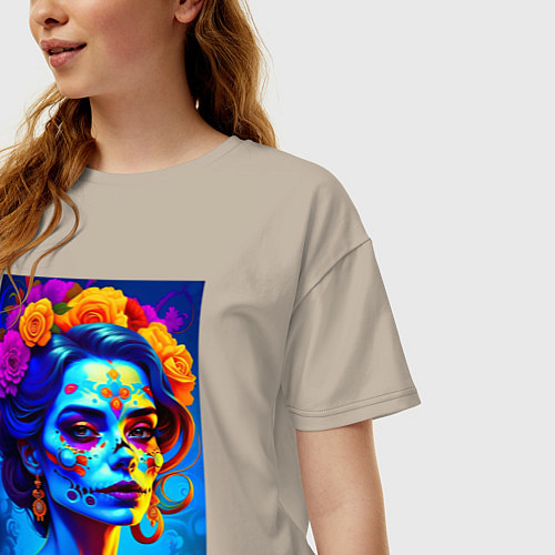 Женская футболка оверсайз Женщина с макияжем на Хэллоуин - нейросеть / Миндальный – фото 3