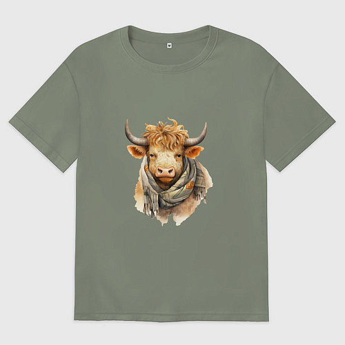 Женская футболка оверсайз Бык в шарфе / Авокадо – фото 1