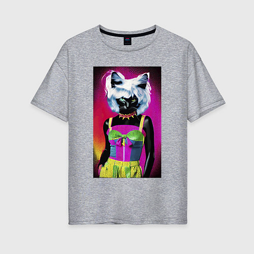 Женская футболка оверсайз Cat fashionista - pop art - neural network / Меланж – фото 1