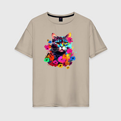 Женская футболка оверсайз Котик в цветах - нейросеть