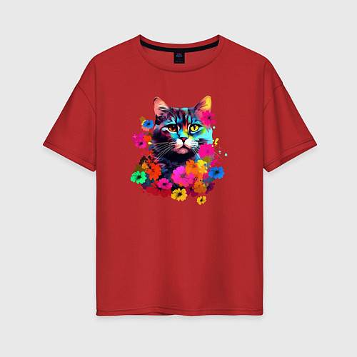 Женская футболка оверсайз Котик в цветах - нейросеть / Красный – фото 1