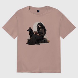 Женская футболка оверсайз Фентези девушка с волком читает книгу