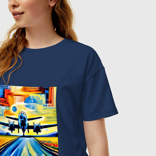 Женская футболка оверсайз Самолет на взлете / Тёмно-синий – фото 3
