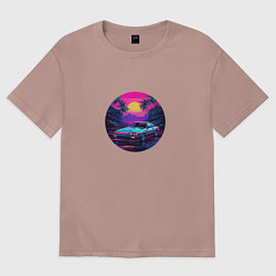 Футболка оверсайз женская Ретро машина и пальмы в неоновых цветах, цвет: пыльно-розовый