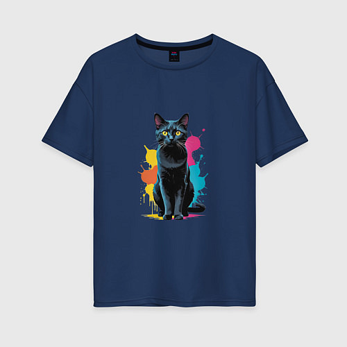 Женская футболка оверсайз Кошка яркая грациозность / Тёмно-синий – фото 1