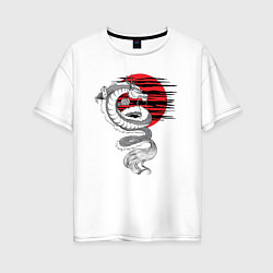 Футболка оверсайз женская Тату японский дракон с красным солнцем, цвет: белый