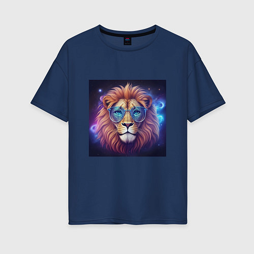 Женская футболка оверсайз Космический лев в очках / Тёмно-синий – фото 1