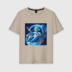 Женская футболка оверсайз Голубой котик космонавт с коктейлем
